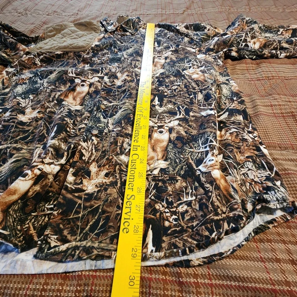 VTG Morgan Creek Brown Hunter‎ Camo Button Down Mens Sz L Elbow Shoulder Patches